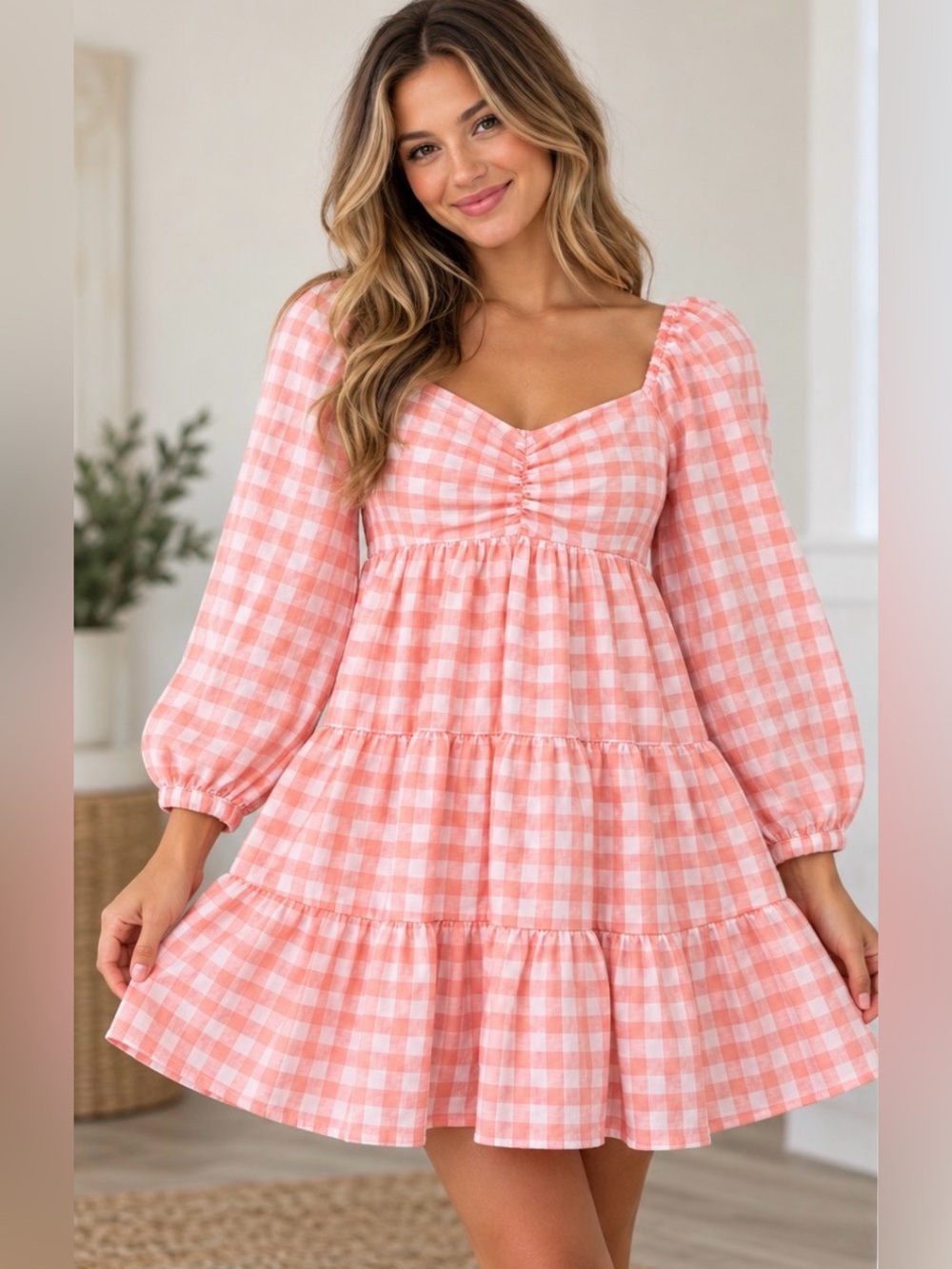 entro Pink Gingham Long Sleeve Tiered Babydoll Dress Pink & White Small